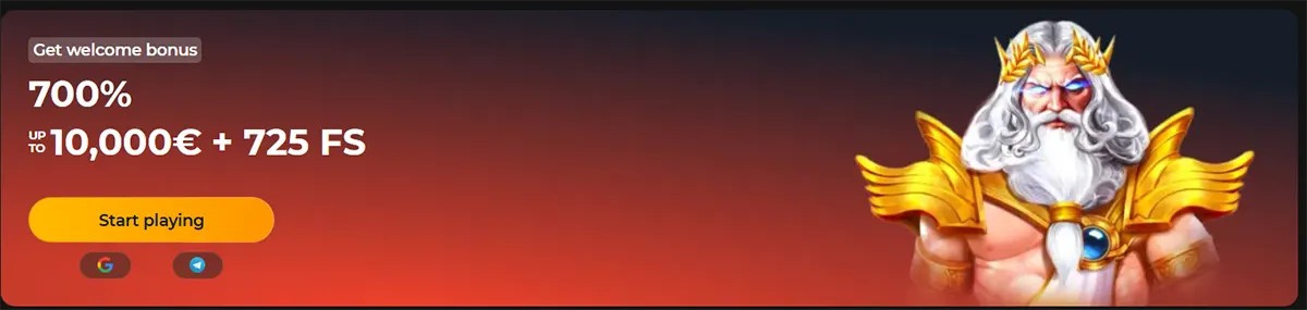 “Casino welcome bonus banner with a red gradient background, showing ‘700% up to €10,000 + 725 free spins’, a ‘Start playing’ button, Google/Telegram icons, and a Zeus-like god character on the right.”