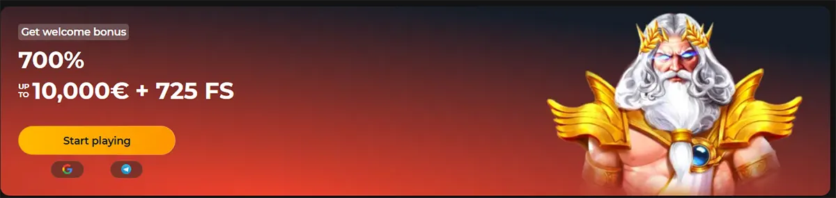 “Casino welcome bonus banner with a red gradient background, showing ‘700% up to €10,000 + 725 free spins’, a ‘Start playing’ button, Google/Telegram icons, and a Zeus-like god character on the right.”