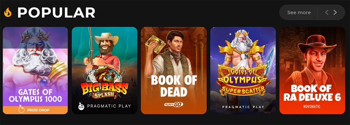 “Popular slots carousel on a dark casino interface showing game tiles for Gates of Olympus 1000, Big Bass Splash, Book of Dead, Gates of Olympus Super Scatter, and Book of Ra Deluxe 6, with a ‘See more’ button and navigation arrows.”
