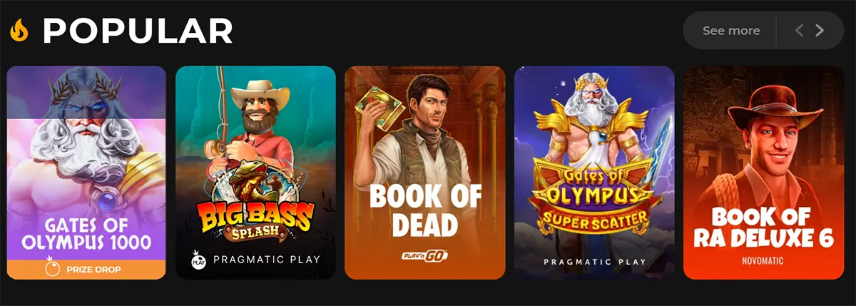 “Popular slots carousel on a dark casino interface showing game tiles for Gates of Olympus 1000, Big Bass Splash, Book of Dead, Gates of Olympus Super Scatter, and Book of Ra Deluxe 6, with a ‘See more’ button and navigation arrows.”