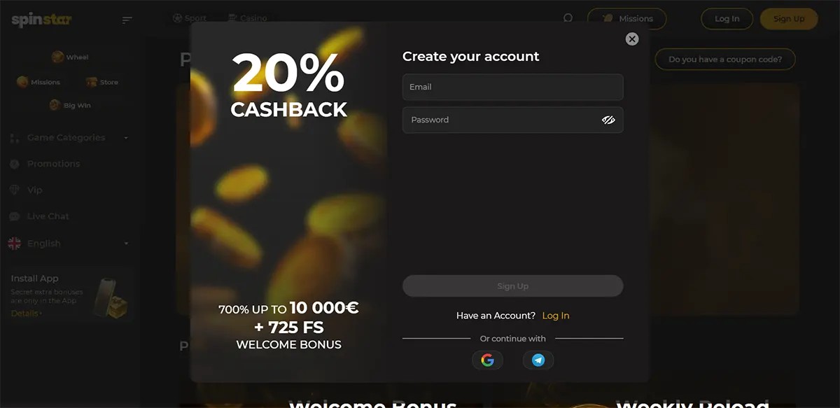 “Casino website screenshot with a dark ‘Create your account’ popup showing email and password fields, a ‘20% cashback’ headline, and a welcome offer: 700% up to €10,000 + 725 free spins, plus Sign Up / Log In links and Google/Telegram login icons.”