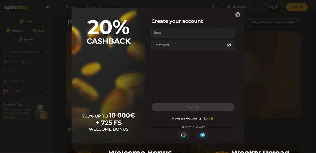 “Casino website screenshot with a dark ‘Create your account’ popup showing email and password fields, a ‘20% cashback’ headline, and a welcome offer: 700% up to €10,000 + 725 free spins, plus Sign Up / Log In links and Google/Telegram login icons.”